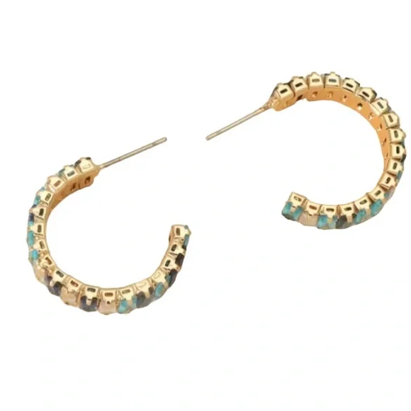 Radiant Blue & Iridescent Baguette Crystals C Shaped Gold Toned Hoop Earrings - Picture 3 of 5